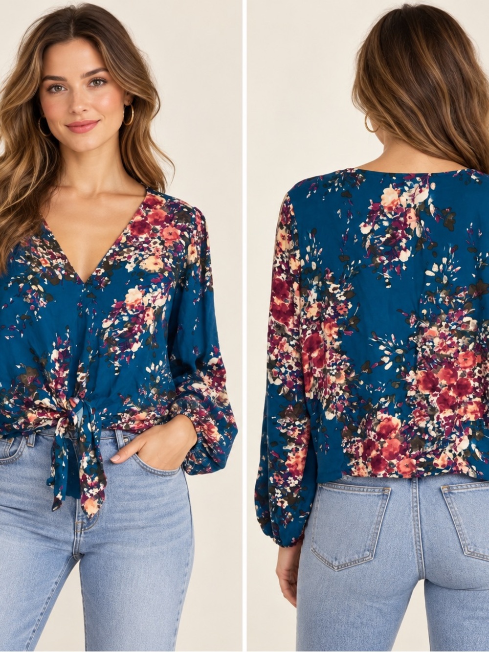 lovestitch Teal Floral Tie-Front V-Neck Blouse